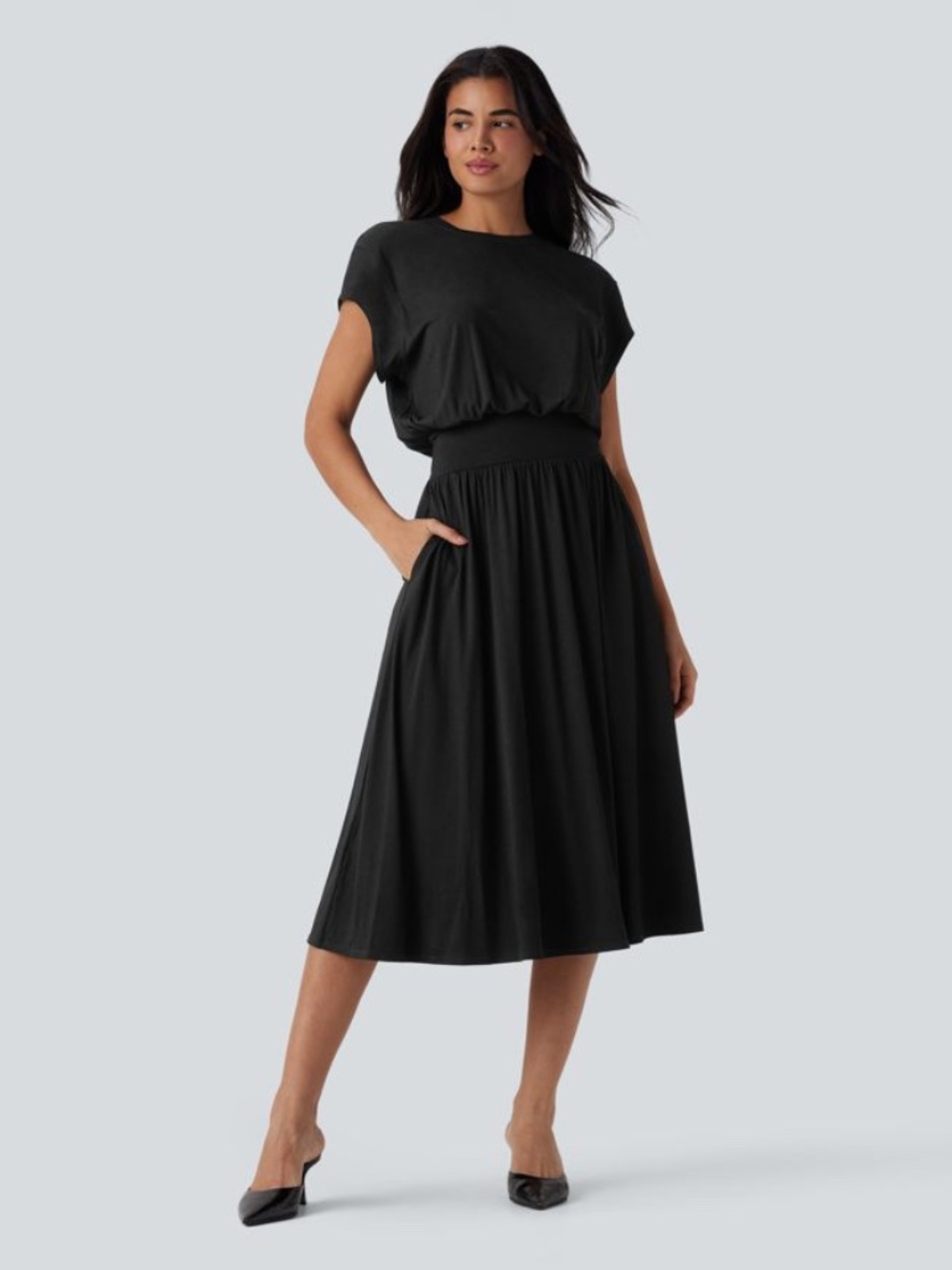 NWT [Halara] WOW! Flowy Black Batwing Tummy Control Midi Dress Pockets | Small